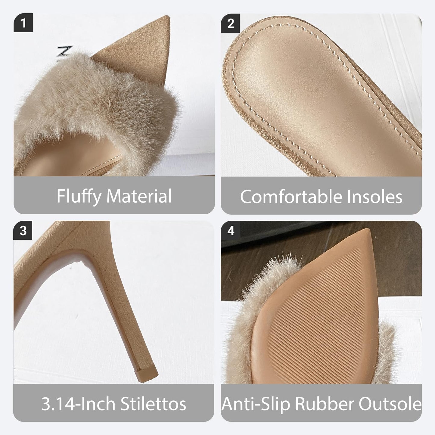 BOEGBNW Women'S Pointed Open-Toe Stiletto Cute Fuzzy Slide Sandals Sexy Slip On High Heel Feather Mules Wedding Birthday Bridal Party Dress Backless Slipper Pumps (Apricot,9)