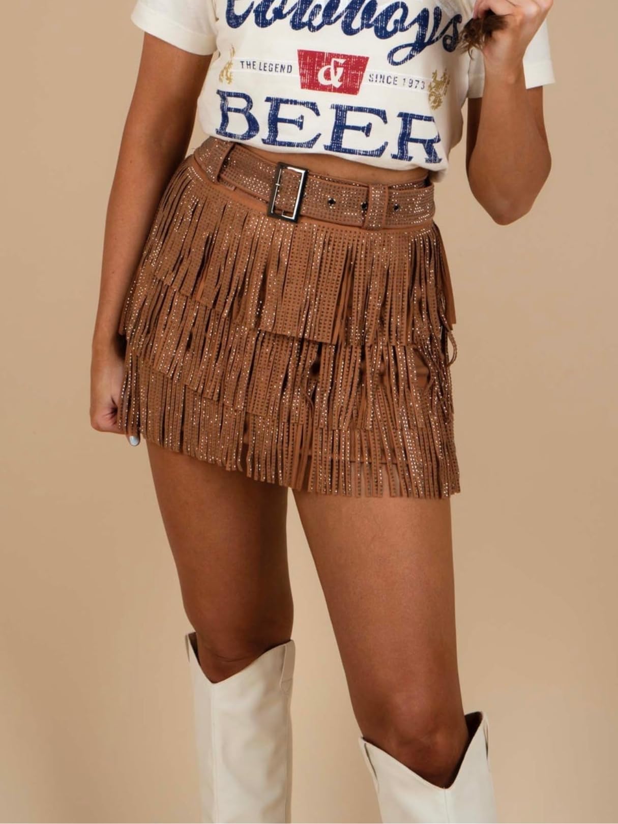 ChiyeeKiss Womens Sparkle Rhinestone Fringe Skirt Elastic Waistband Short Mini Dress with Adjustable and Removable Belt(0002-Brown-M)