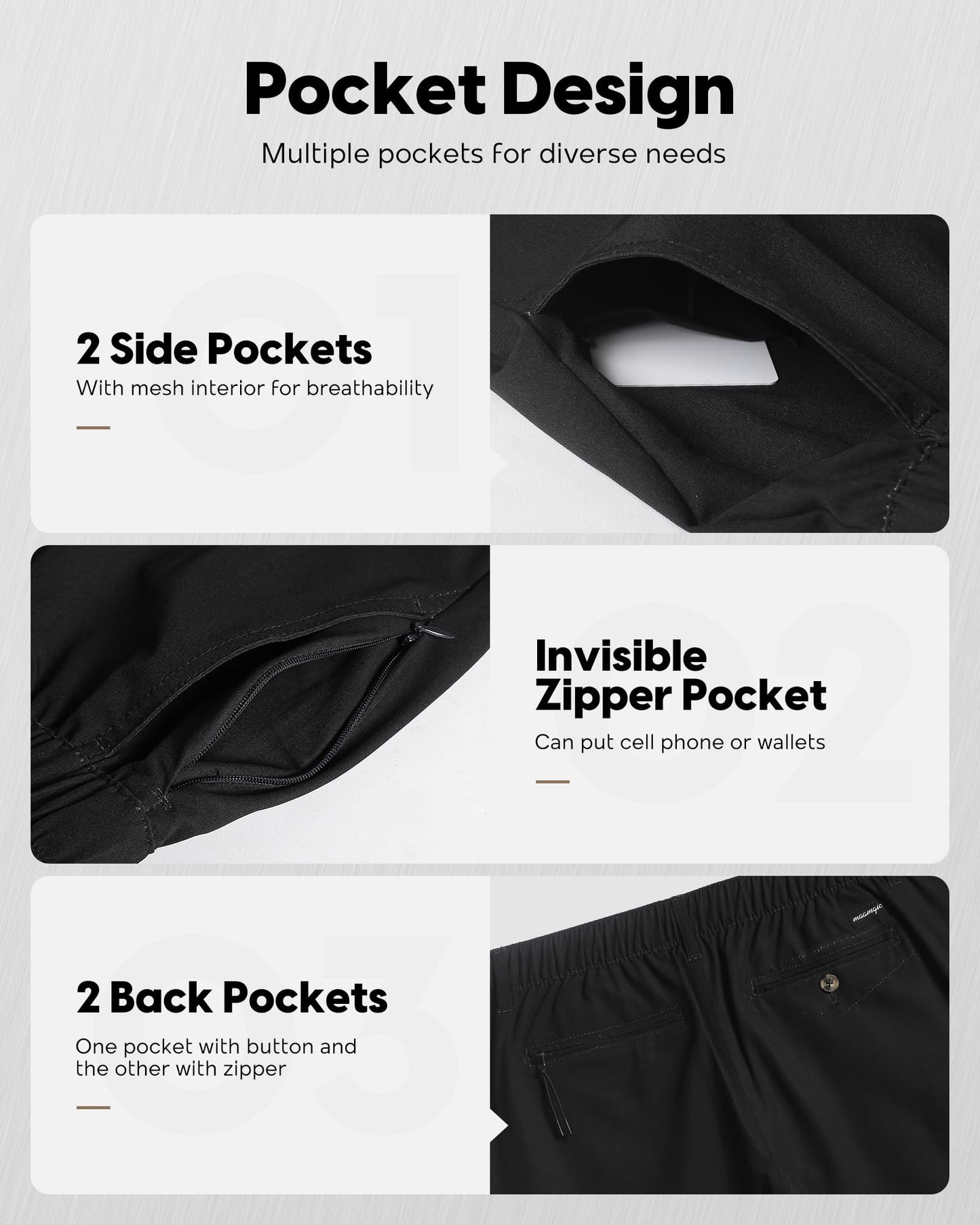 maamgic Men's 5 Inseam Shorts Casual Classic Fit Short Men with Multi-Pocket Mens Workout Shorts Hybrid Quick Dry Shorts Black Medium