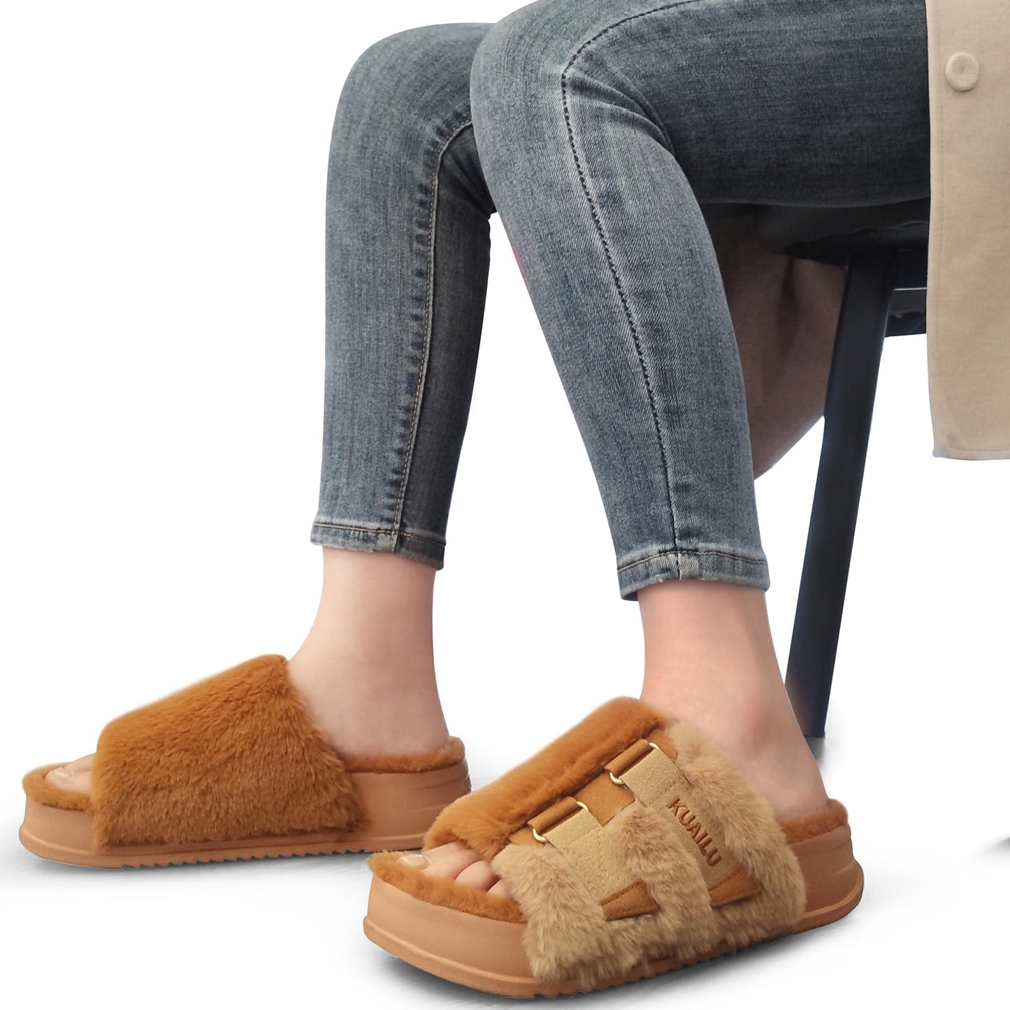 KuaiLu Womens Fuzzy Platform Open Toe Slipper with Arch Support Fluffy Furry Slides Orthotic Faux Fur Sandal Ajustable House Slippers Indoor Outdoor Camel Size 9