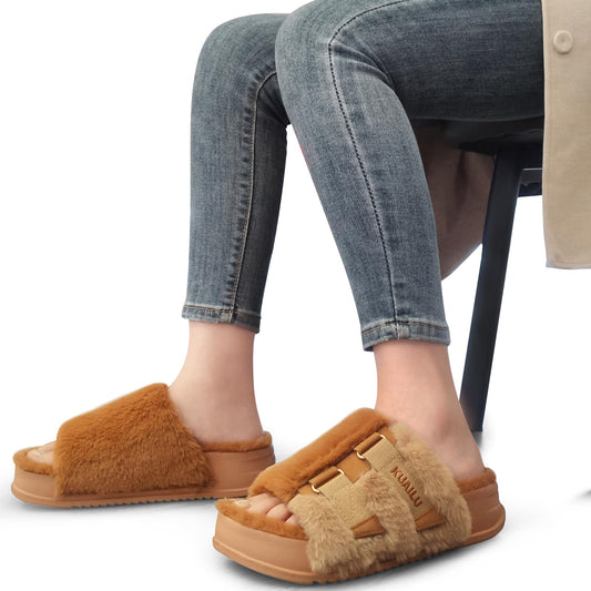 KuaiLu Womens Fuzzy Platform Open Toe Slipper with Arch Support Fluffy Furry Slides Orthotic Faux Fur Sandal Ajustable House Slippers Indoor Outdoor Camel Size 9
