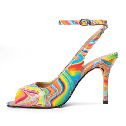 Women Multicolor Slingback Heels Stiletto Peep Toe High Heel Pumps Ankle Strap Patry Shoes 3.5 Inches US Size 10