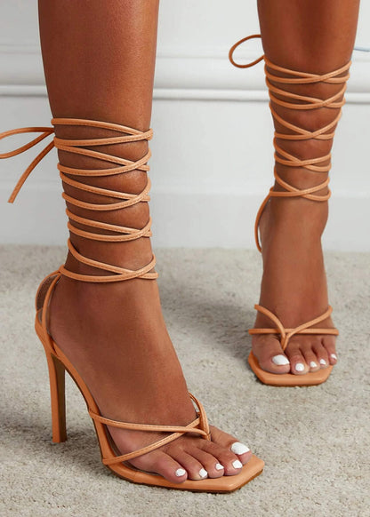 Women's Lace Up Heeled Sandals Square Flip Flop High Heels Strappy Party Shoes,Taupe,Size 7