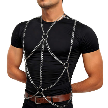 RTeczSolve Men's Chest Belt Chain Costume Fashion Male Goth Shirt Festival Outfit Shoulder Belt Mens Rave Outfit for Festival Party Rave Halloween Cosplay (Silver)