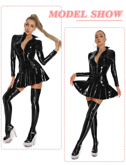 Latex Dress for Women Black Leather Body Suits Sexy Wet Look Lingerie Outfits Catwoman Halloween Dominatrix Costume S