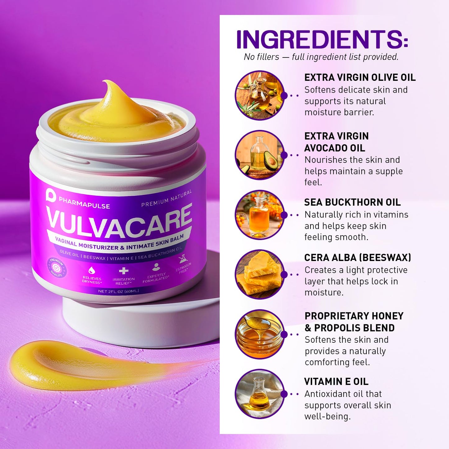Pharmapulse Vaginal Moisturizer, Vulva Balm Cream, Intimate Skin Care, Menopause Support - Relieves Dryness, Itching, Burning, Redness, Chafing, Odor, Irritation - Estrogen Free 2oz