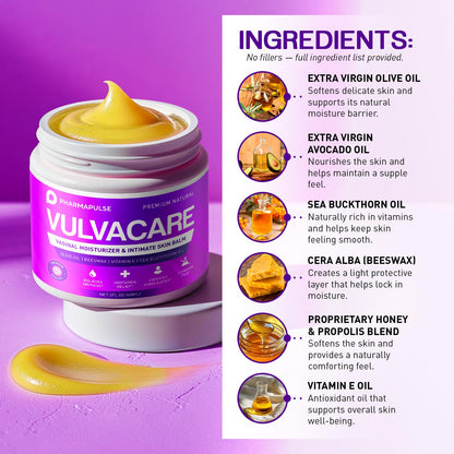 Pharmapulse Vaginal Moisturizer, Vulva Balm Cream, Intimate Skin Care, Menopause Support - Relieves Dryness, Itching, Burning, Redness, Chafing, Odor, Irritation - Estrogen Free 2oz