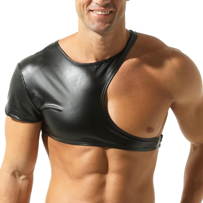 Mens Leather Crop Tops Sexy Sleeveless Muscle Half Tank Tops for Nightclub Party