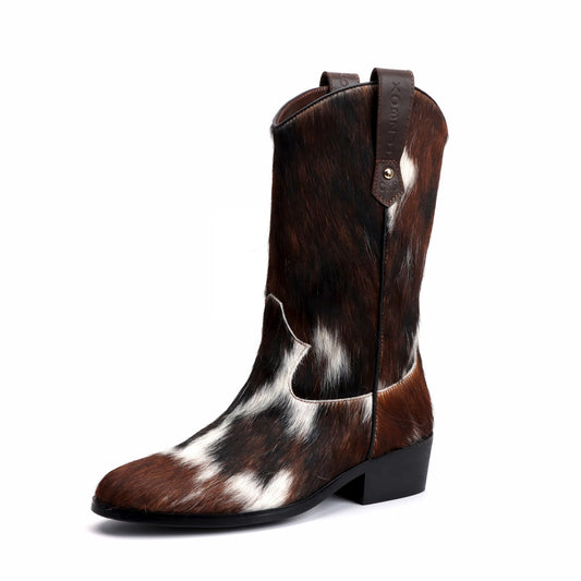 XOBZJH Women's Western Cowboy Boots – Genuine Tricolor Cowhide Leather Tall Cowgirl Boots, Mid-Calf Western Brown Boots for Women, Festival & Fall Fashion