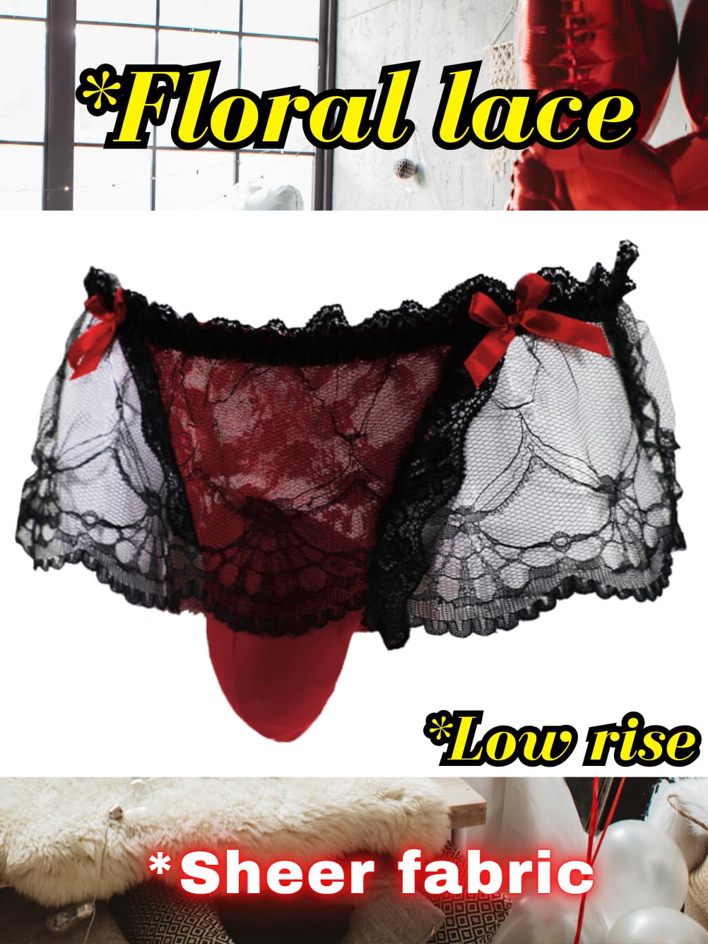 Mens Lace Sexy Underwear, Sissy Pouch Panties Femboy For Men, Low Rise Bow Lingerie Fits 34-42, Sheer Girly, Burgundy, One Size