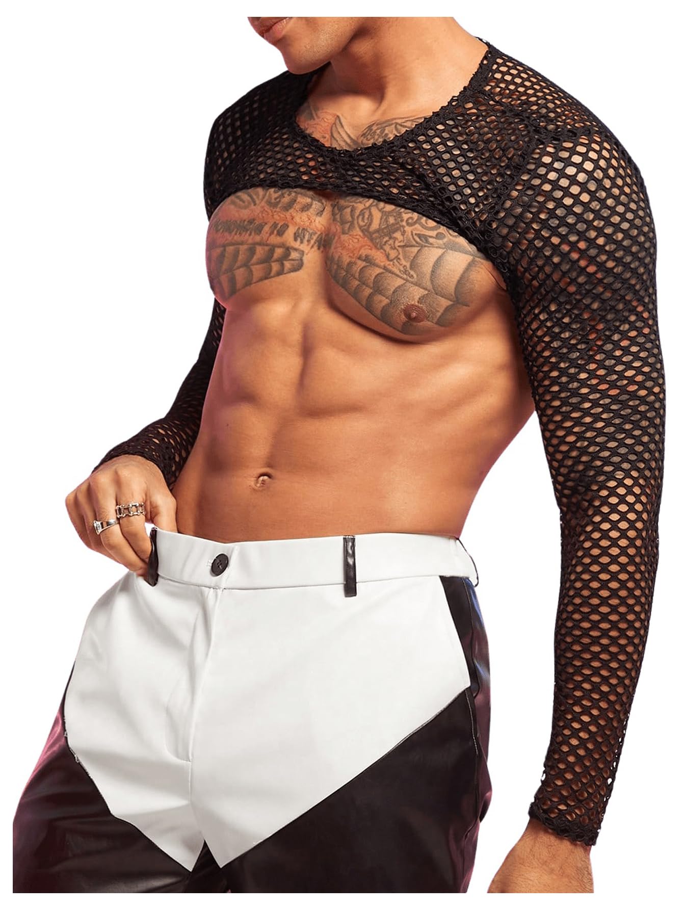 WDIRARA Men's Fishnet Sheer Mesh Long Sleeve T-Shirt Crop Top Slim Fit Party Tee Tops Black Small