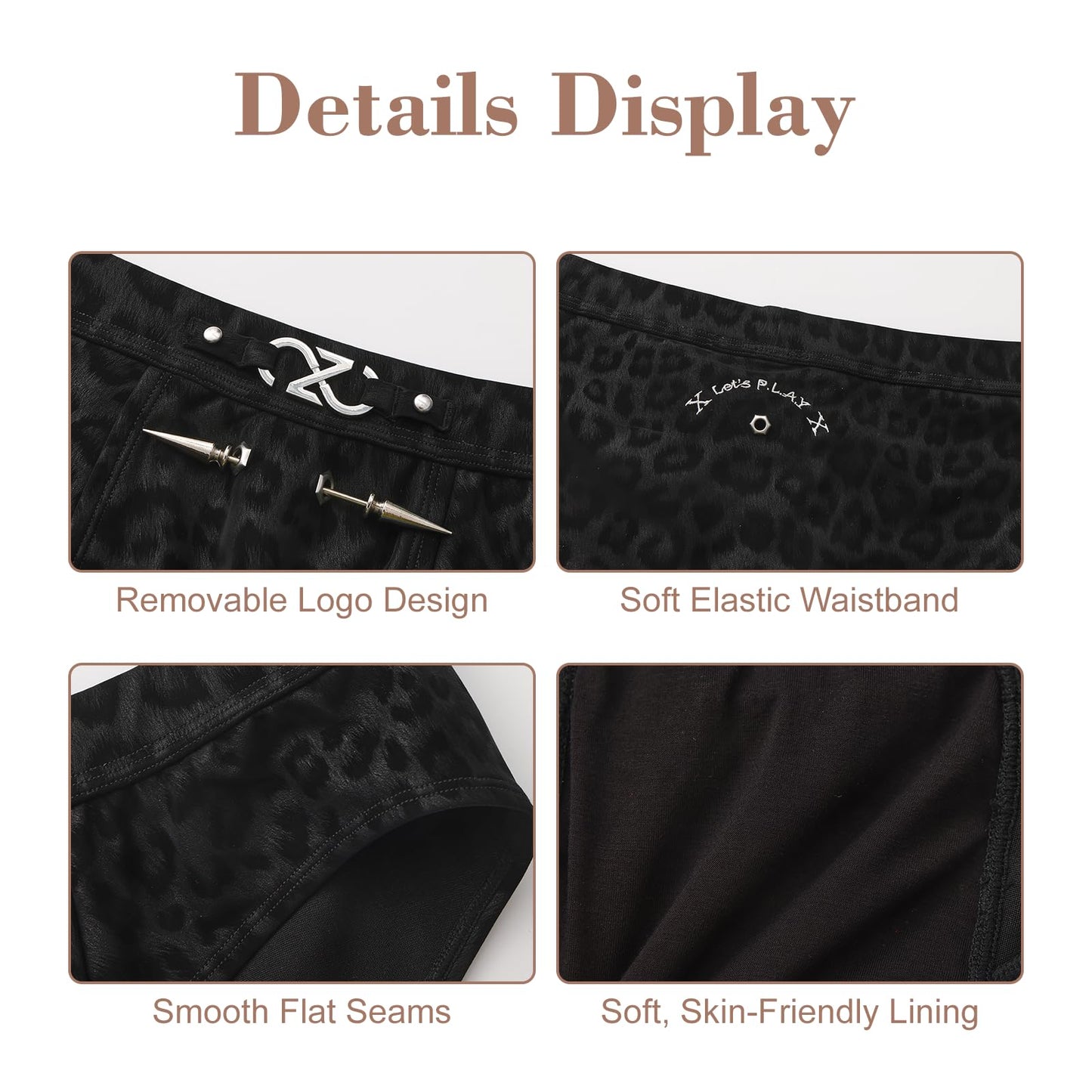 BSZN Men's Sexy Briefs, Black Leopard Print Punk Style Detachable Logo Rivet Eyelet DIY Mid Rise Stretch Sexy Lingerie from D-Dangerous Game Collection