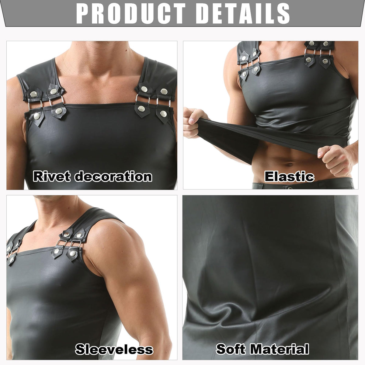 Men's Faux Leather Vest Sleeveless Undershirt Wet Look Tank Top Shirt Clubwear Black