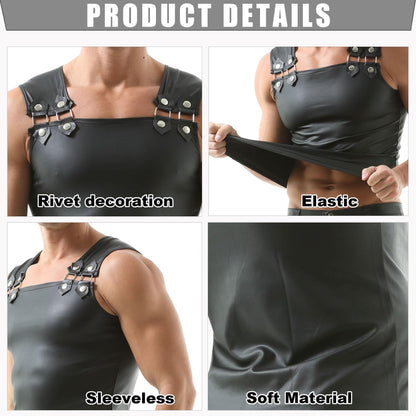 Men's Faux Leather Vest Sleeveless Undershirt Wet Look Tank Top Shirt Clubwear Black
