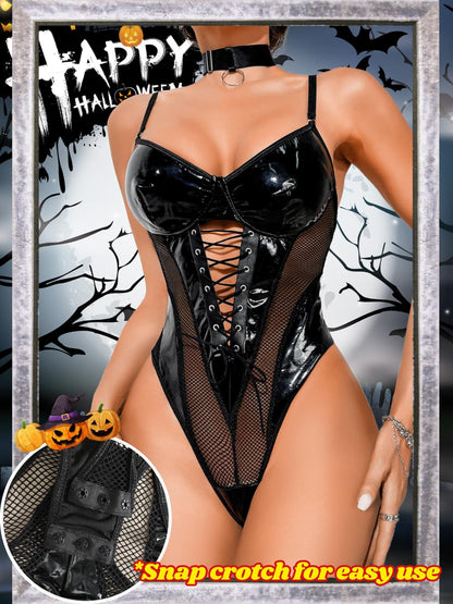 Rave Outfits Bodysuit Tops, Fishnet Corset Body Suit, Sexy Lingerie For Women, Faux Leather Festival Goth,Black,Small