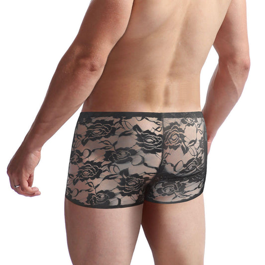 BreakEgg Men's Lace Boxers Underwear Seamless Lace Design with Low Waist Sexy and Comfortable Mens Under Panties (Black,One Size)