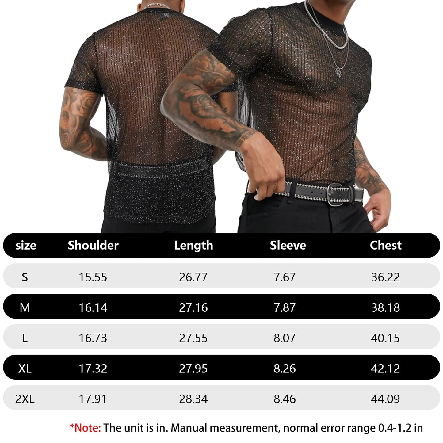Evankin Mens Sexy Glitter Shirt Top See Through Lace Short Sleeve T-Shirt Sheer Mesh Undershirts to Show Muscle(Black, L)