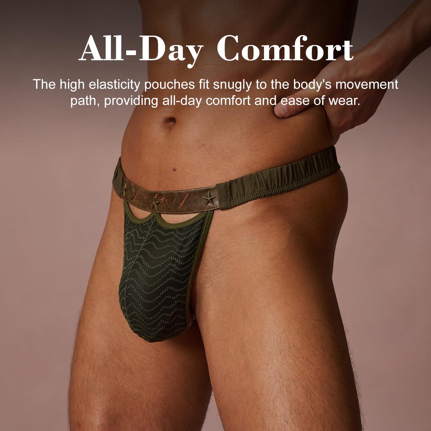 BSZN Men's Sexy Thong, Army Green Star Rivet Leather Waistband Mesh Lace Badge Pouch Ruched Side Mid Rise Sexy Lingerie from A-Night Authority Collection