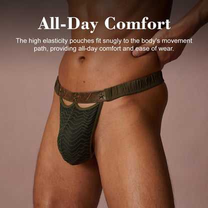 BSZN Men's Sexy Thong, Army Green Star Rivet Leather Waistband Mesh Lace Badge Pouch Ruched Side Mid Rise Sexy Lingerie from A-Night Authority Collection