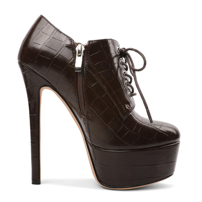 Platform Ankle Boots for Women Sexy Stiletto Heels Sky High Heel Pump Lace up Zipper Round Toe Fashion Dress Shoes for Party Prom Event Crocodile Brown US 9