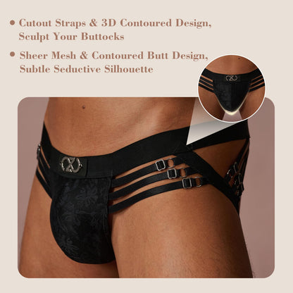 BSZN Men's Adjustable Strap Jockstrap, Black Floral Lace Pouch Underwear, Mid Rise Tight Fit Multi Metal Buckle Briefs from Midnight Visitor Collection