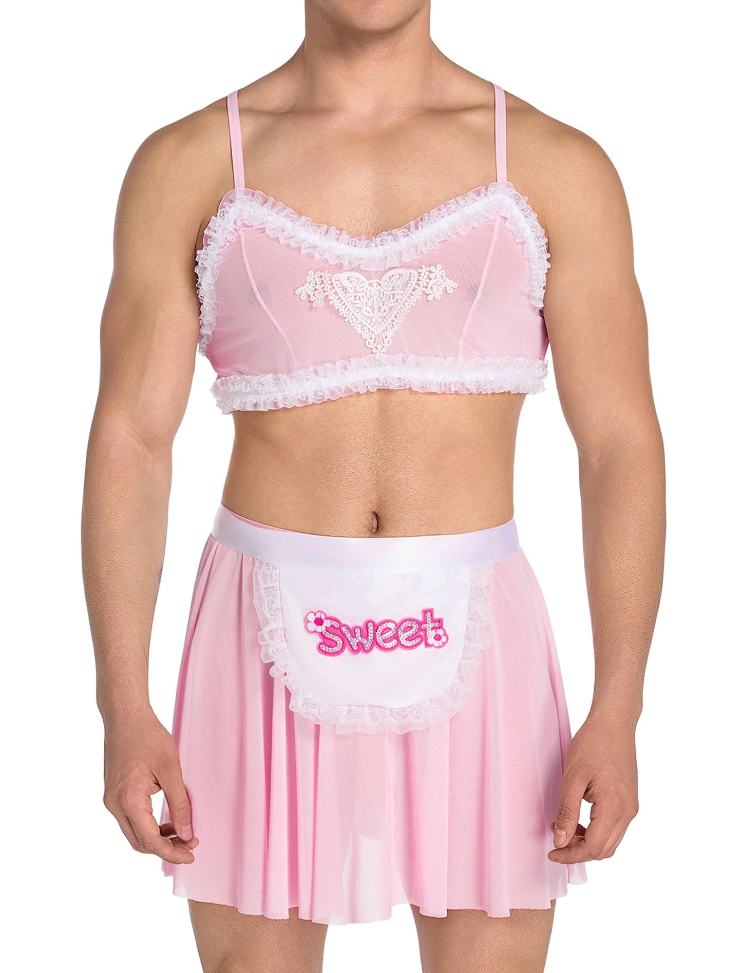 Men's Sissy Clothes Cross Back Mesh Sheer Bra Top Skirt Mini Apron Crossdressing Lingerie Outfits Pink Medium