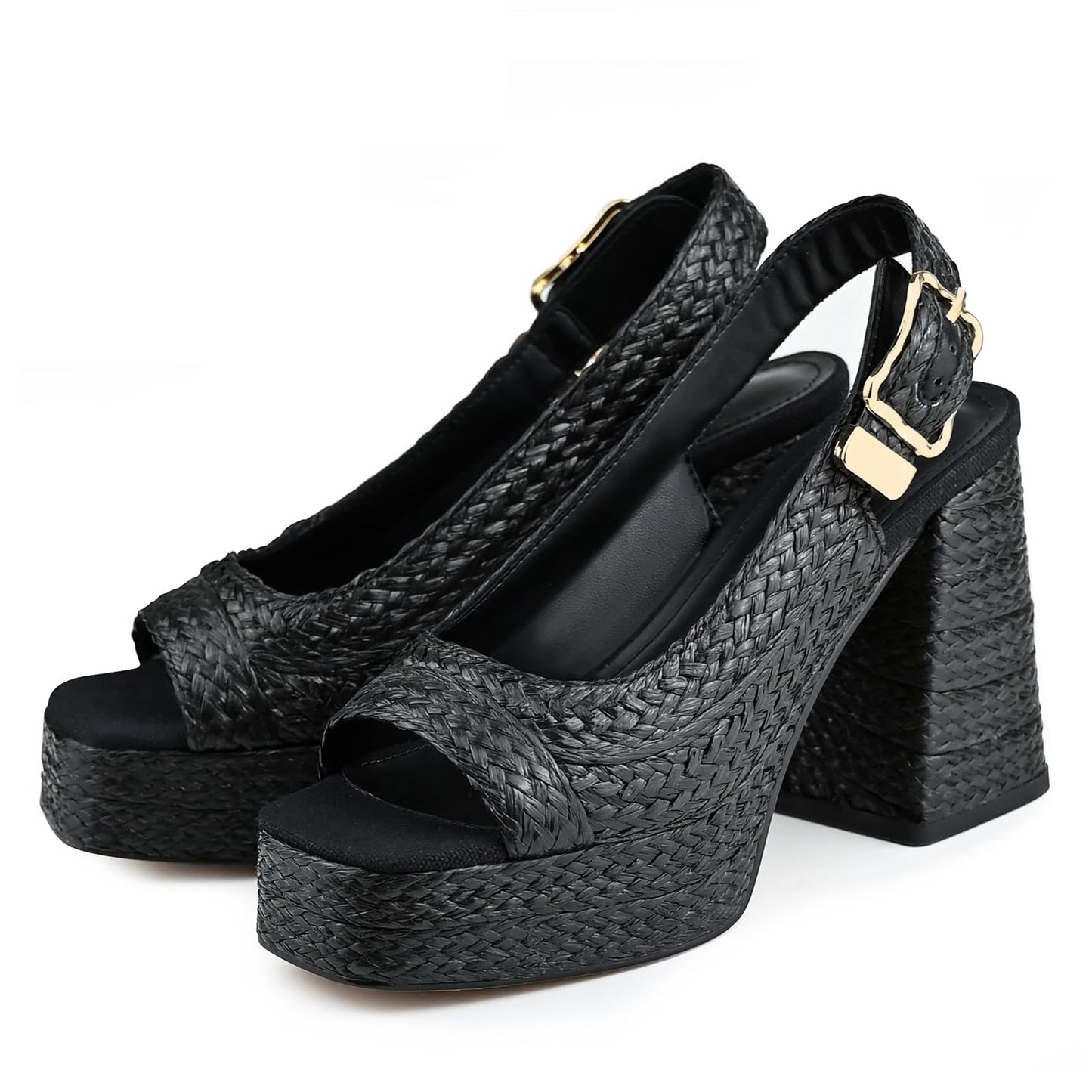 Women's Retro Woven Platform Heels Black Chunky Block Heel Open Toe Slingback Summer Vacation Raffia Beach Boho Vintage Wedge Sandals