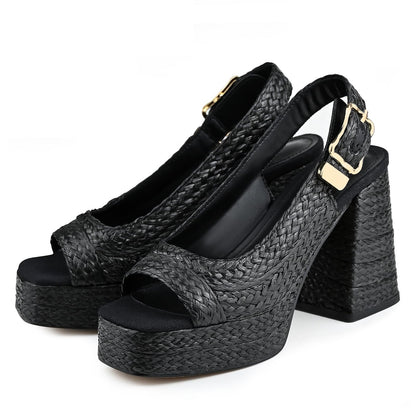 Women's Retro Woven Platform Heels Black Chunky Block Heel Open Toe Slingback Summer Vacation Raffia Beach Boho Vintage Wedge Sandals