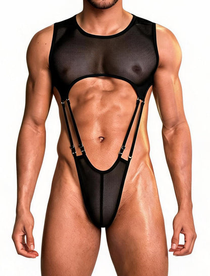 Men Sexy Lingerie High Cut Fishnet Bodysuit One Piece Lingerie Top Club Rave Outfits Black L