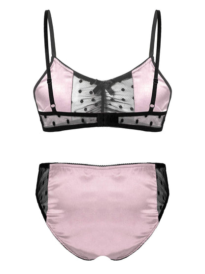 Men's 2Piece Sissy Shiny Satin Cross Dresser Lingerie Set Bra Tops with Girly Panties Pink