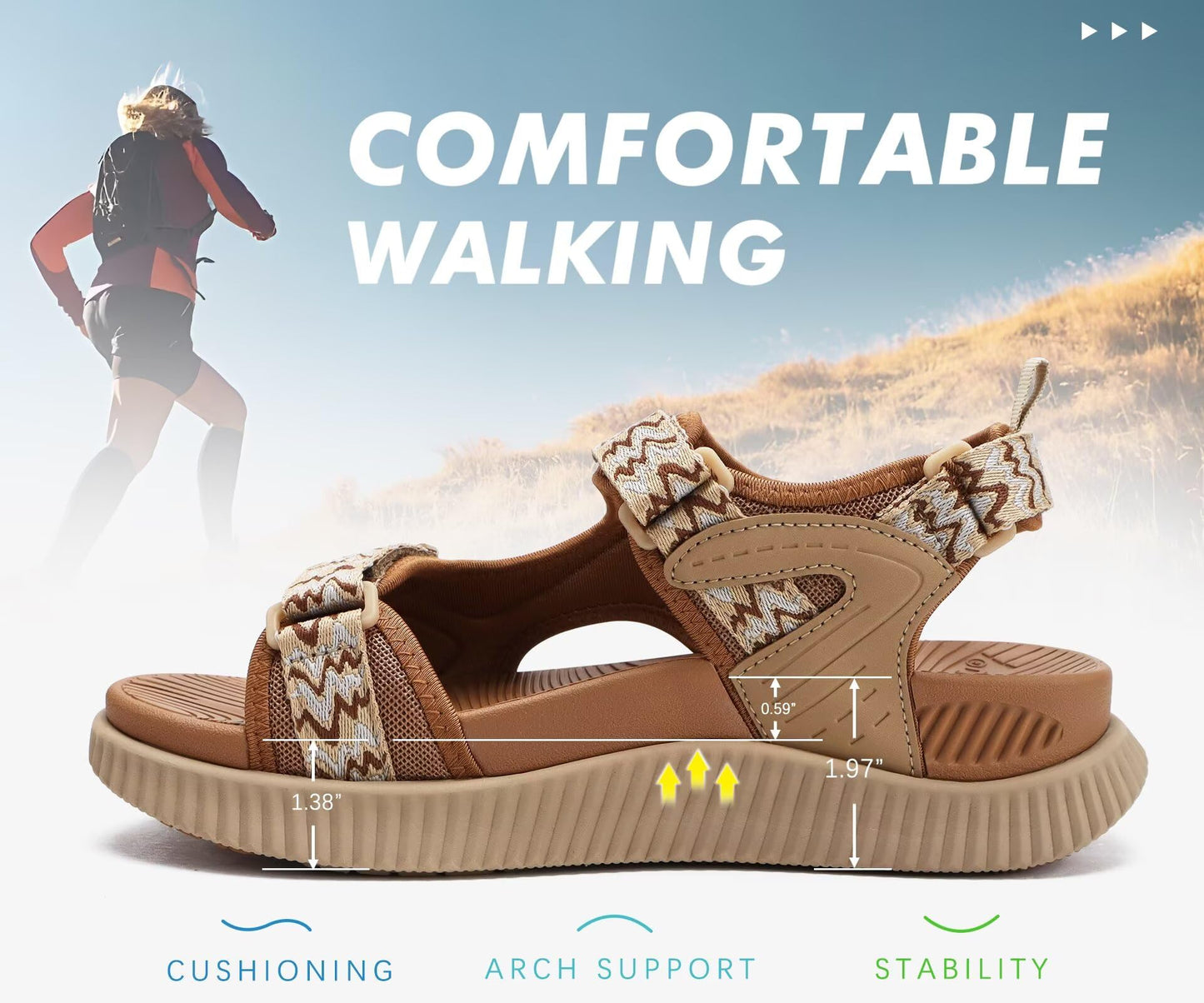KuaiLu Womens Orthopedic Walking Sandals Comfortable Arch Support Plantar Fasciitis Relief Sport Recovery Chunky Cushion Adjustable Summer Outdoor Beach Vacation Athletic Water Shoes Khaki Size 8