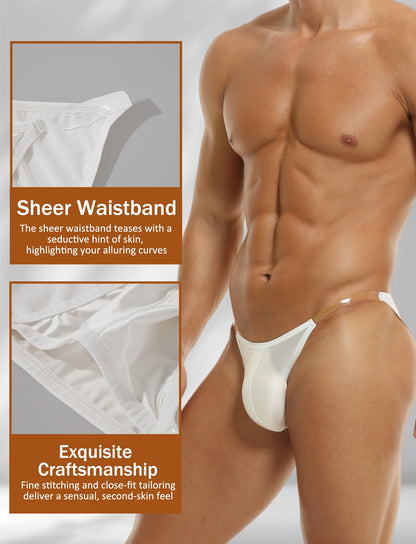Men's Sexy Bikini Briefs Satin Soft Bulge Pouch Underwear Clear Strap Low Rise Sheer Waistband White XS