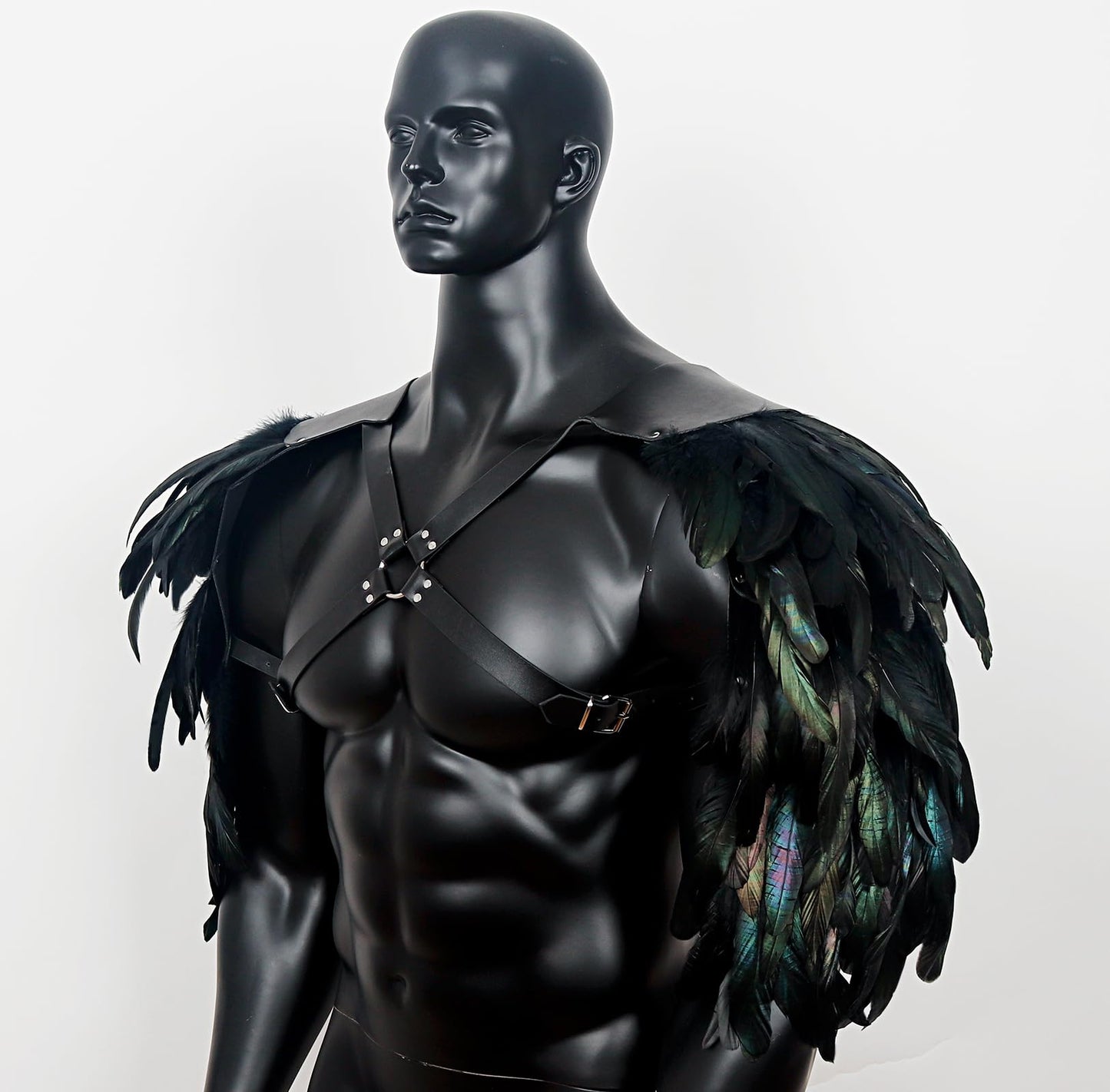 Gothic Men's Feather Shoulder Piece Punk Leather Harness, Black
