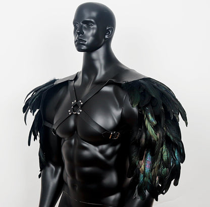 Gothic Men's Feather Shoulder Piece Punk Leather Harness, Black