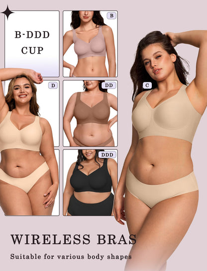 OEAK Womens Wireless Jelly Bra Plus Size Supportive Seamless Bras Full Coverage Push Up Comfortable No Underwire Tshirt Bras Creamy Beige+Leopard Coffee XL