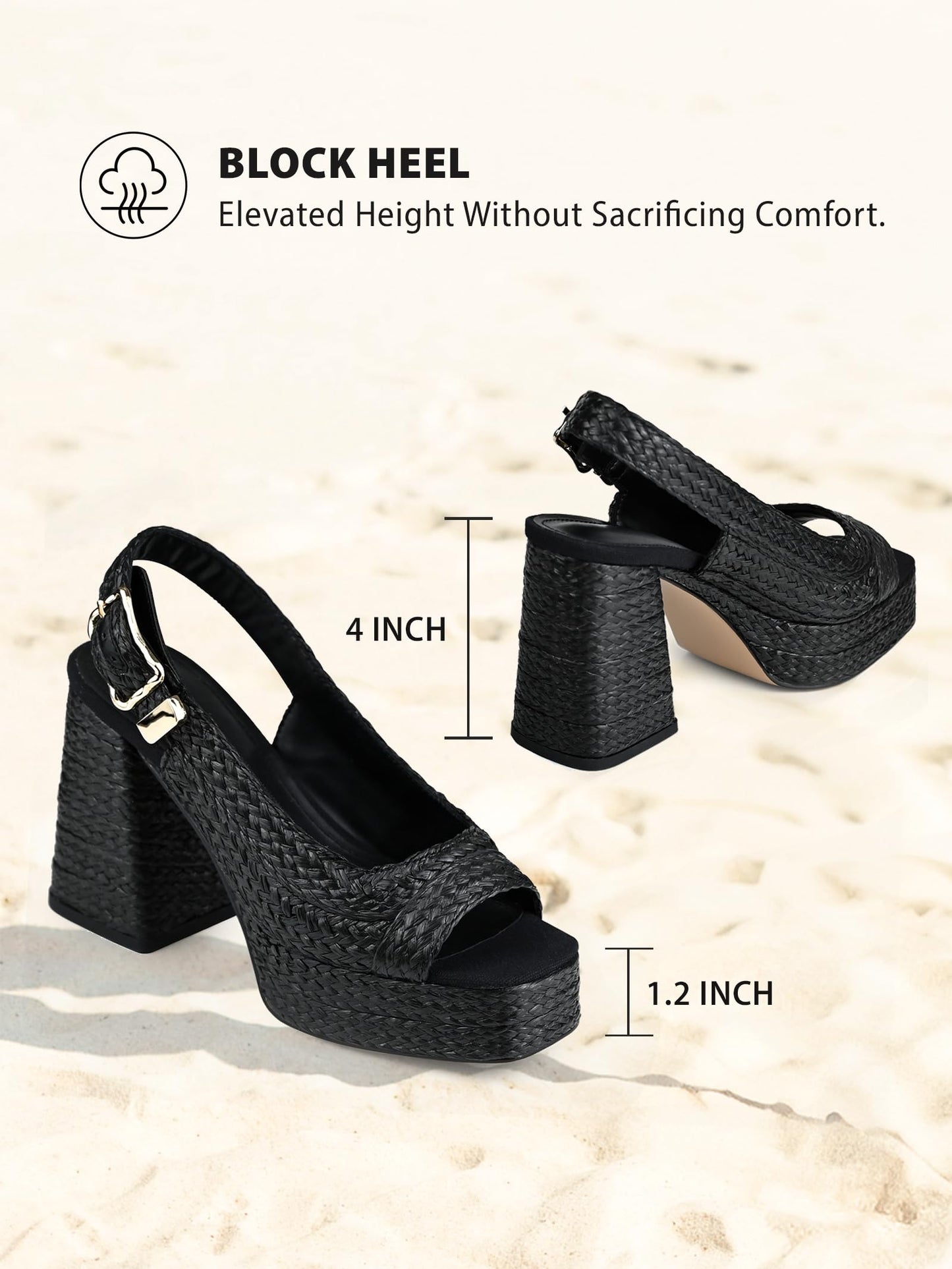 Women's Retro Woven Platform Heels Black Chunky Block Heel Open Toe Slingback Summer Vacation Raffia Beach Boho Vintage Wedge Sandals