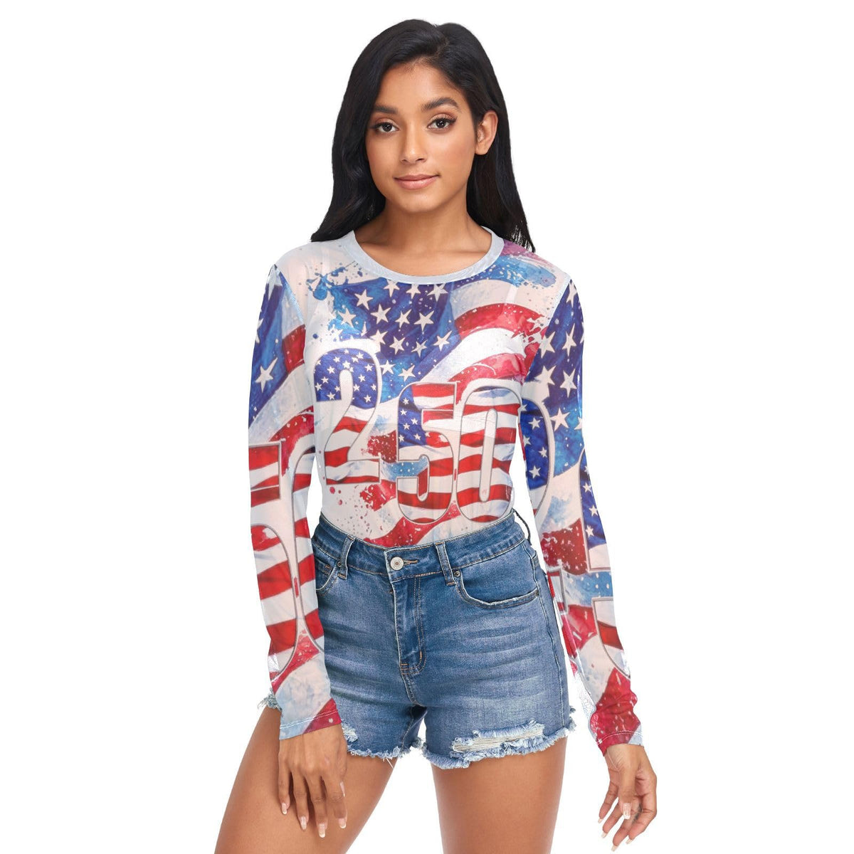 Women Mesh Tops Sexy- American Flag Stars Stripes Number Sheer Long Sleeve Shirts Crew Neck Going Out Tops L