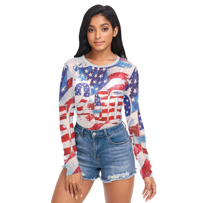 Women Mesh Tops Sexy- American Flag Stars Stripes Number Sheer Long Sleeve Shirts Crew Neck Going Out Tops L