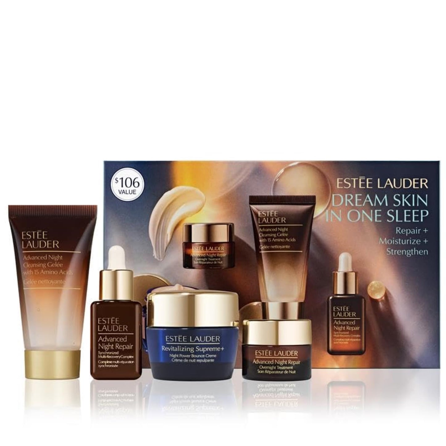 Estée Lauder Dream Skin In One Sleep 4-Piece Skincare Set | Repair + Moisturize + Strengthen | Includes Cleanser 1 Fl Oz, Face Serum 0.5 Fl Oz, Moisturizer 0.5 Ounce & Overnight Treatment 0.24 Fl Oz
