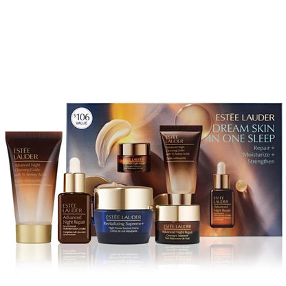 Estée Lauder Dream Skin In One Sleep 4-Piece Skincare Set | Repair + Moisturize + Strengthen | Includes Cleanser 1 Fl Oz, Face Serum 0.5 Fl Oz, Moisturizer 0.5 Ounce & Overnight Treatment 0.24 Fl Oz