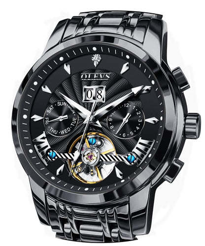 OLEVS Men Automatic Watch Luxury Skeleton Mechanical Black Wrist Watch Date Calendar Stainless Steel Waterproof Luminous Classic Business Watches