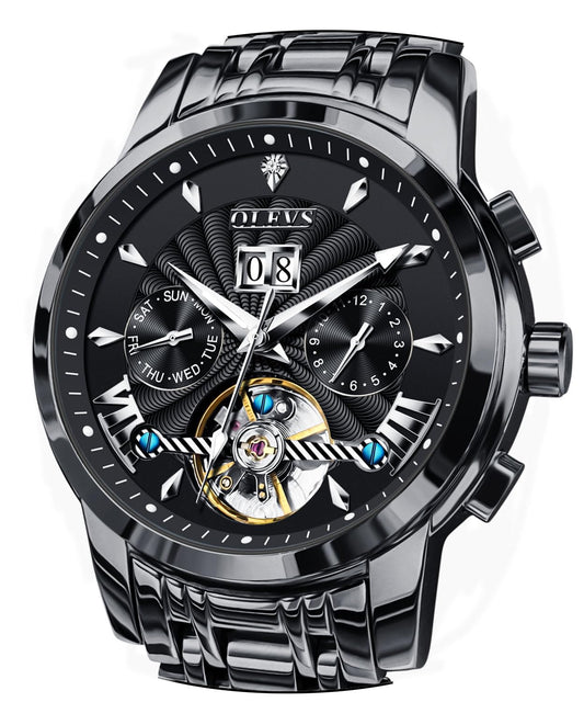 OLEVS Men Automatic Watch Luxury Skeleton Mechanical Black Wrist Watch Date Calendar Stainless Steel Waterproof Luminous Classic Business Watches