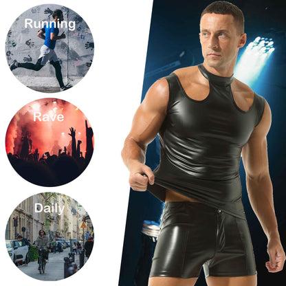 QiaTi Men's Faux Leather Vest Black Sleeveless Tank Top Cut Out Slim Fit Undershirts for Rave