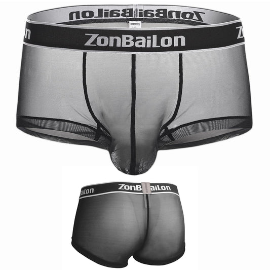 Mens Sexy Underwear Mesh Breathable Boxer Briefs See-Through Trunks Shorts Low Rise Seamless Black