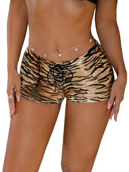 Women's Tiger Animal Print Lace Up Bike Shorts