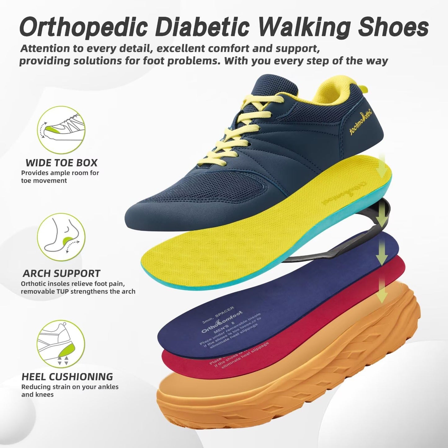 Men's Orthopedic Diabetic Wide Walking Shoes: Comfortable Plantar Fasciitis Arch Support Hammer Toes Neuropathy Recovery Tennis Shoes, Fit Outdoor Bowling Workout Sneakers Dark Blue Size 13