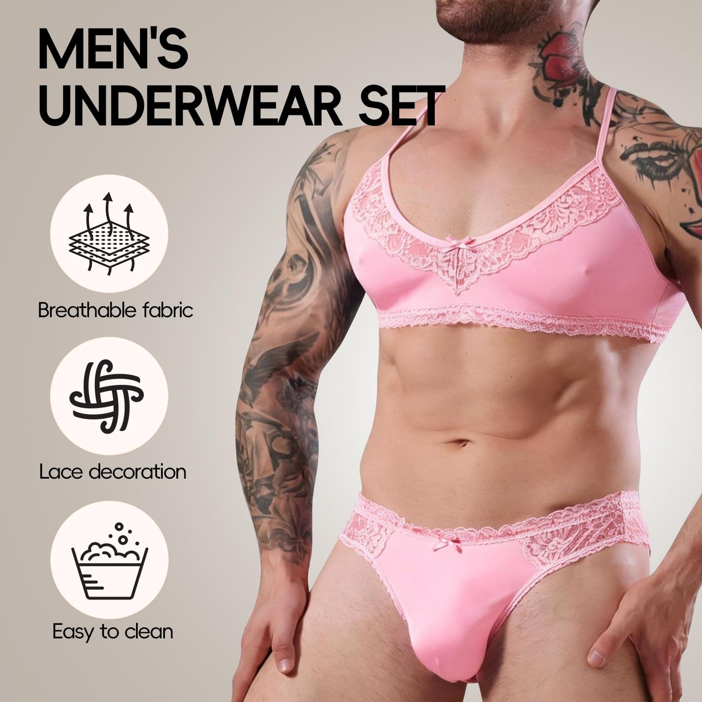 Amorgours Men’s Sissy Lingerie Set Lace Sissy Bra and Thong Underwear Floral Crossdressing Nightwear Gay Brief -Pink-L