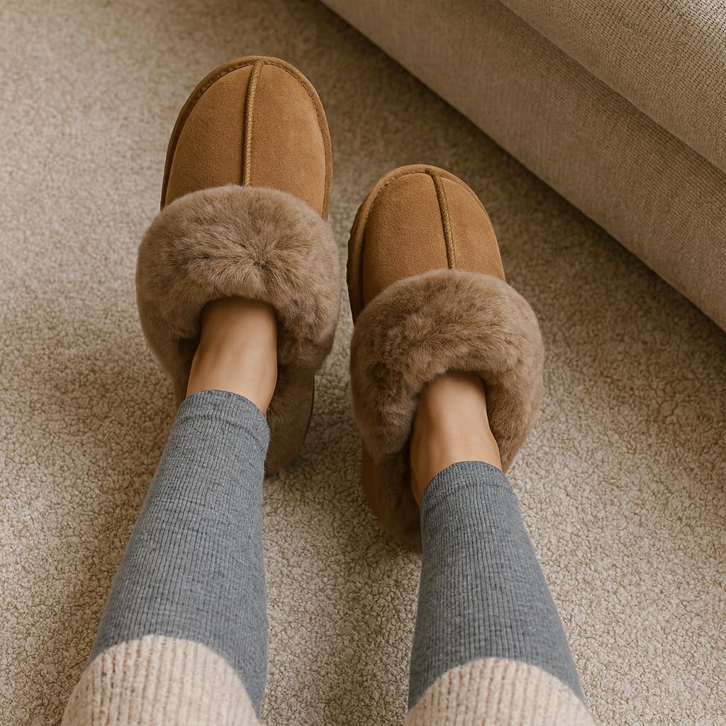 Project Cloud 100% Genuine Leather Slippers for Women Footwear with Genuine Fur Lining Womens Clogs & Mule - Non-Slip Indoor/Outdoor Scuff Womens Slippers with Memory Foam Insole(Henka,CMLSUEDE,5.5)