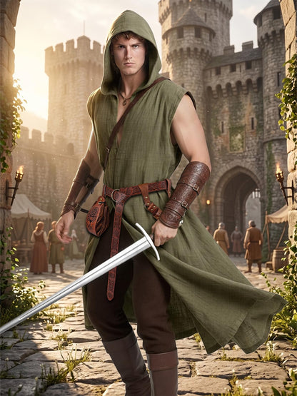 Renaissance Costume Set for Men - 4PC Medieval Viking Hooded Sleeveless Surcoat, Ren Faire Halloween Cosplay Outfit (Green, L)