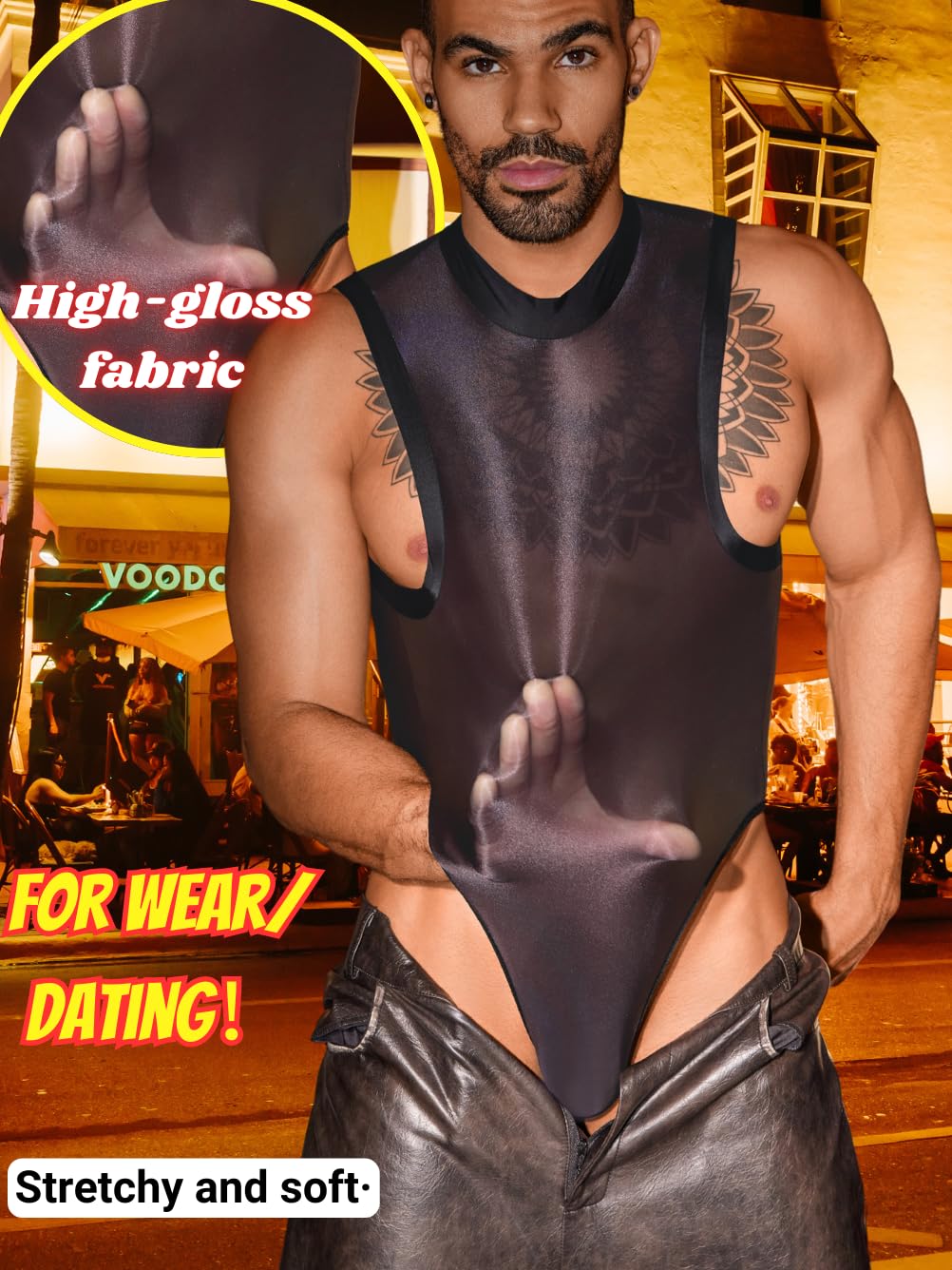 Sexy Glossy Mens Lingerie Sheer, Snap Crotch Thong Leotard High Cut Muscle Suit, Mesh Rave Bodysuit Top Club Outfits Black Medium-Large